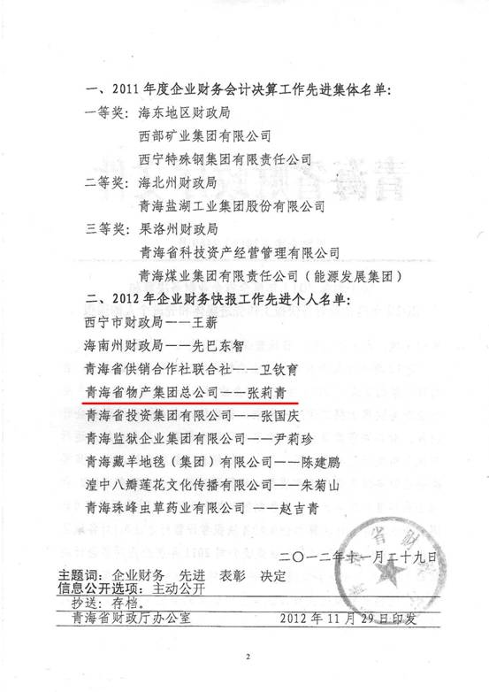 物產(chǎn)集團(tuán)榮獲2011年度財(cái)務(wù)決算先進(jìn)單位、2012年度財(cái)務(wù)快報(bào)工作先進(jìn)個人表彰